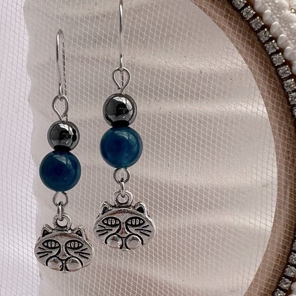 Dangle Earrings Hematite, Blue Jade and Cat Charms - Picture 7 of 13